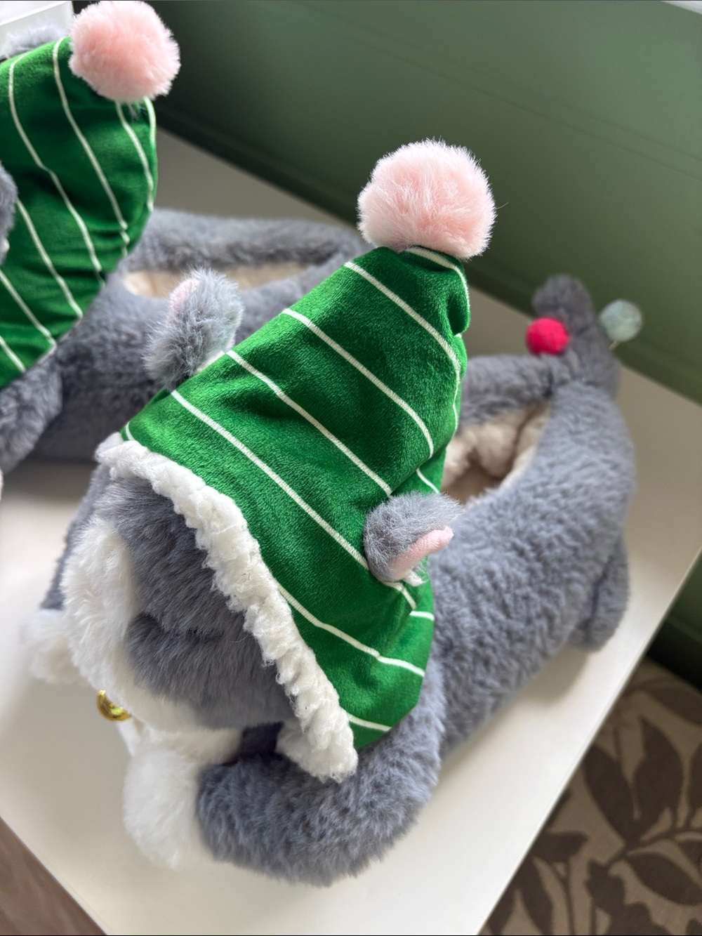 aerie Gray Plush Cat with Green Striped Hat and Pink Pom